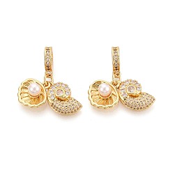 Настоящее золото 18K Европейские подвески-шармы с микропаве из латуни, прозрачными кубическими цирконами и искусственным жемчугом из АБС-пластика, форма раковины и ракушки, Подвески с большими отверстиями, кремово-белые, реальный 18 k позолоченный, 30 мм, отверстие : 4.8 мм