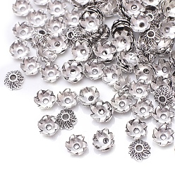 Antique Silver Tibetan Style Alloy Bead Caps, Multi-Petal Flower, Antique Silver, 8x7.2mm