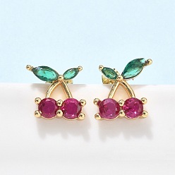 Настоящее золото 18K Латунь кубического циркония серьги стержня, вишня, реальный 18 k позолоченный, 12.5x13 мм