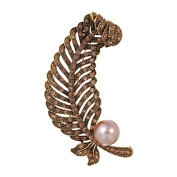 Античное Золото Броши из цинкового сплава со стразами в виде листьев, с пластиковой имитационной жемчужиной, античное золото , 70x35 мм