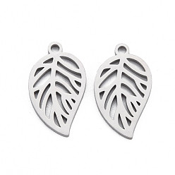 Stainless Steel Color Non-Tarnish 304 Stainless Steel Pendants, Laser Cut, Leaf, Stainless Steel Color, 20x11x1mm, Hole: 1.6mm