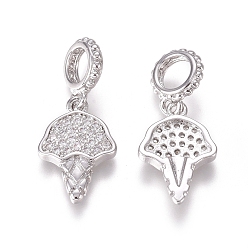 Platinum Brass Micro Pave Clear Cubic Zirconia European Dangle Charms, Large Hole Pendants, Ice Cream, Platinum, 22mm, Hole: 4.5mm, Umbrella: 15x10x2mm