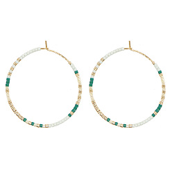 Белый Серьги-кольца ручной работы из стеклянного бисера., С 304 результатами из нержавеющей стали, золотые, белые, 35x35 мм