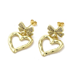 Real 18K Gold Plated Brass Micro Pave Cubic Zirconia Dangle Stud Earrings, Bowknot & Heart, Lead Free & Cadmium Free, Long-Lasting Plated, Real 18K Gold Plated, 28x19mm