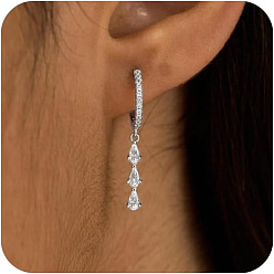 Платина Серьги-кольца из латуни с микропаве из прозрачных кубических цирконий в форме капли, платина, 25 мм