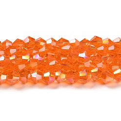 Orange Red Transparent Electroplate Glass Beads Strands, AB Color Plated, Faceted, Bicone, Orange Red, 4x4mm, Hole: 0.8mm, about 82~85pcs/strand, 12.01~12.2 inch(30.5~31cm)