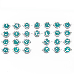 Letter A~Z Alloy Enamel Links Connectors, with Crystal Rhinestones, Flat Round with Letter, Silver Color Plated, Cadmium Free & Lead Free, Letter A~Z, 22x16x2mm, Hole: 1.8mm, 26pcs/set