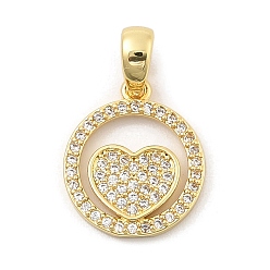 Настоящее золото 18K Подвески из листовой латуни с покрытием из прозрачного кубического циркония, без кадмия, без никеля и без свинца, круглый с сердечками, реальный 18 k позолоченный, 15x13x2 мм, отверстие : 5 мм