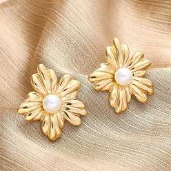 Золотой 304 из нержавеющей стали серьги, с пластиковой имитационной жемчужиной, цветок, вакуумное покрытие pvd, золотые, 25x22.5 мм