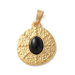Black Onyx Подвески из натурального черного оникса (окрашенного и нагретого), 304 из нержавеющей стали плоские круглые прелести, ионное покрытие (ip), золотые, 21x17.5x4~4.5 мм, отверстие : 4.5x3 мм