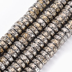 Light Goldenrod Yellow Electroplated Natural Lava Rock Beads Strands, Flat Round/Disc, Heishi Beads, Bumpy, Light Goldenrod Yellow, 8.5x4mm, Hole: 1mm, about 104~105pcs/strand, 15.75 inch~15.94 inch(40cm~40.5cm)