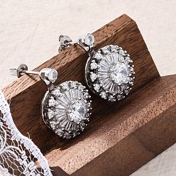 Платина Серьги-гвоздики из латунного микро-паве, цветок, платина, 21.5x16 мм