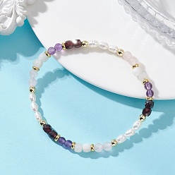 Аметист Браслеты из натуральных смешанных драгоценных камней для женщин, круглые, с натуральным культивированным пресноводным жемчугом и латунью., внутренний диаметр: 2.03 дюйм (5.15 см)