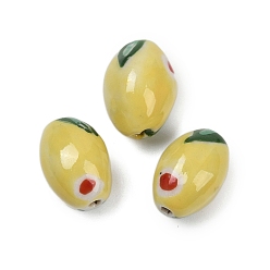 Champagne Gold Фарфоровые бусины ручной работы, овальная с цветочным узором, пастельный фарфор, шампанское золото, 15~16x11~12 мм, отверстие : 1.6 мм