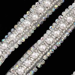 Floral White Polyester Lace Trims, with ABS Imitation Pearl Beads and Glass, Floral White, 5/8 inch(17mm)