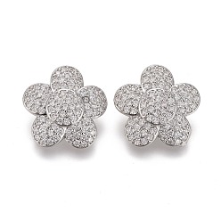 Платина Пуговицы на хвостовике из латуни с микропейвом и прозрачным кубическим цирконием, цветок, платина, 16x6 мм, отверстие : 1.6 мм