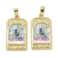 Лиловый Латунь эмаль подвески, стойки покрытие, долговечный, без кадмия и без свинца, прямоугольник с подвеской в виде ворона, золотые, сирень, 27.5x16x4 мм, отверстие : 3x6 мм