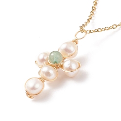 Зеленый Авантюрин Колье с плетеным крестом из натурального зеленого авантюрина и жемчуга, 304 ювелирные украшения из проволоки из нержавеющей стали для женщин, 17.72 дюйм (45 см)