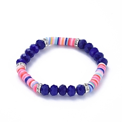 Blau Stretch-Armbänder, mit polymer clay heishi beads, Imitierte Jade facettierte Glasperlen und Messing Strass Perlen, Blau, Innendurchmesser: 2 Zoll (5.1 cm)