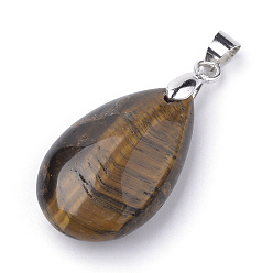 Tiger Eye Natural Tiger Eye Pendants, with Alloy Findings, teardrop, Platinum, 23~24x14x8mm, Hole: 4x5mm