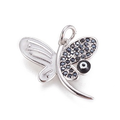 Platinum Brass Enamel Charms, with Micro Pave Cubic Zirconia, Butterfly with Evil Eye, Platinum, 15x18.5x2~3.5mm, Hole: 3mm