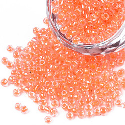 Pale Violet Red 8/0 Glass Seed Beads, Transparent Inside Colours Luster, Round Hole, Round, Pale Violet Red, 3~4x2~3mm, Hole: 0.8mm, about 15000pcs/bag