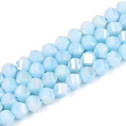 Светло-Голубой Антикоррозийные гальванические стеклянные бусины, имитация драгоценных камней, твист, с покрытием AB цвета, граненые, два тона, Небесно-голубой, 5~5.5x6~6.5x6~6.5 мм, отверстие : 1 мм, около 67~68 шт / нитка, 14.76~15.16 дюйм (37.5~38.5 см)