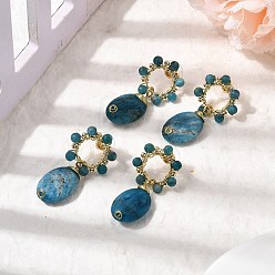 Апатит Серьги-гвоздики с подвесками из натурального апатита, цветок с овальной, с фурнитурой латунной для серег, золотые, стойки покрытие, 40.5~41x21.5 мм