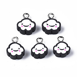 Black Handmade Polymer Clay Charms, with Platinum Plated Iron Loop, Cloud with Smile, Black, 11~14x9~11.5x4mm, Hole: 1.8mm