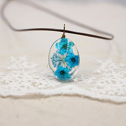 Темно-Голубой Ожерелье для женщин с подвеской в виде овального стеклянного цветка, обмотанного проволокой из сплава, на вощеном шнуре., античная бронза, глубокое синее небо, 17.72 дюйм (45 см)