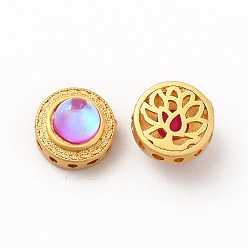Золотой Многожильные звенья из латуни с долговечным покрытием, с синтетическим опалом, плоский круглый с полым цветком, золотые, 10x7 мм, отверстие : 1 мм