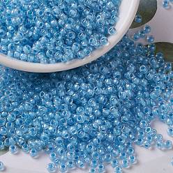 (RR221) Sky Blue Lined Crystal Миюки круглые бусины рокайль, японский бисер, 8/0, (rr 221) кристалл с голубой линией, 3 мм, отверстие : 1 мм, Около 422~455 шт / 10 г
