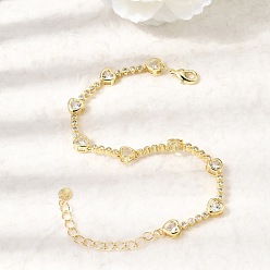 Прозрачный Браслеты-цепочки из латуни в форме сердца с микропаве из кубического циркония для женщин, стойки покрытие, долговечный, реальный 18 k позолоченный, прозрачные, 7.32 дюйм (18.6 см)