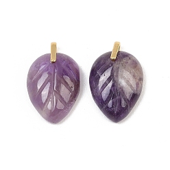 Amethyst Natural Amethyst Carved Pendants, Leaf Charms with Brass Loops, Real 18K Gold Plated, Cadmium Free & Lead Free, Rack Plating, Long-Lasting Plated, 18~18.5x13~13.5x5~6mm, Hole: 0.8~1.5mm