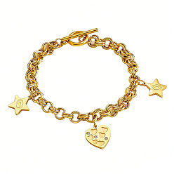 Golden 304 Stainless Steel Heart Star Charm Double Ring Link Chain Bracelets for Women with OT Clasps, Golden, 7.48 inch(19cm)