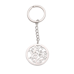 Stainless Steel Color Non-Tarnish 304 Stainless Steel Keychains, Flat Round with Musical Note, Stainless Steel Color, Pendant: 3.8x3.5cm