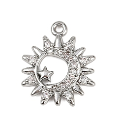 Платина Латунные микропаве прозрачные подвески с фианитом, без кадмия, без никеля и без свинца, подвески солнце с луной и звездами, платина, 15x12.5x1.5 мм, отверстие : 1.2 мм