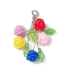 Разноцветный Выросла смолы подвески, с платиновой медной проволокой и акриловыми листочками, красочный, 39.5x31x7 мм, отверстие : 2.5 мм