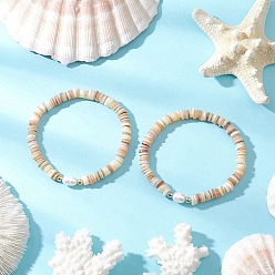 пшеница 2шт. натуральный культивированный пресноводный жемчуг, ракушки и латунные бусины-разделители, эластичные браслеты для женщин, цвет пшеницы, внутренний диаметр: 2-1/8 дюйм (5.45 см)