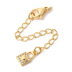 Настоящее золото 18K Удлинитель цепочки из латуни с микропаве и прозрачным кубическим цирконием, цепочки с застежками-карабинами и подвесками для сумок, реальный 18 k позолоченный, 75 мм, отверстие : 2.7 мм