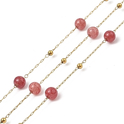 Индийский Красный Ионное покрытие (ip) 304 звенья цепи из нержавеющей стали, с катушкой, с красным агатом, пайки, реальный 18 k позолоченный, Индийская красная, 6 мм, золотые бусины: 3 мм, интервал между связями: 21.5мм, футы(10м)/рулон