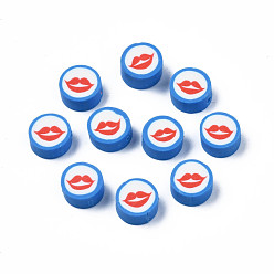 Royal Blue Handmade Polymer Clay Beads, Flat Round with Mouth, Royal Blue, 9.5~10x4~4.5mm, Hole: 1.6mm