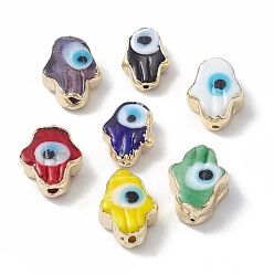 Gemischte Farbe Messing Perlen, mit Emaille, echt 18 k vergoldet, hamsa hand/hand von miriam mit bösem blick, Gemischte Farbe, 15.5x12x6 mm, Bohrung: 1~1.8 mm