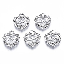 Platin Farbe Legierungscharme, mit Strass-Kristall, cadmiumfrei und bleifrei, Herz, Platin Farbe, 14.5x13.5x3 mm, Bohrung: 1.8 mm