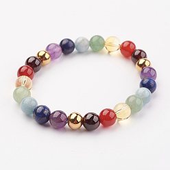 Golden Mixed Natural Gemstone Bead Stretch Bracelets, with Stainless Steel Beads, Golden, 2-1/4 inch(57mm)