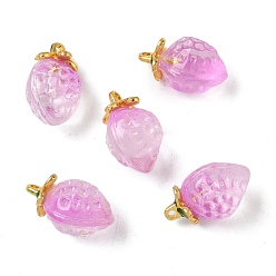 Бледно-Розовый Прозрачные стеклянные подвески, клубника, с золотой эмали сплава выводов, два тона, розовый жемчуг, 18x12x10.5 мм, отверстие : 1.5 мм