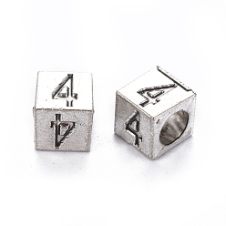 Number Сплавочные европейские бусины, бусины с большим отверстием, куб с номером, античное серебро, кол. 4, 7x7x7 мм, отверстие : 5 мм
