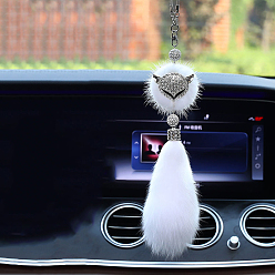White Faux Fox Fur & Rhinestone Fox Pendant Decoration, for Car Rear View Mirror Hanging Decoration, White, 370mm