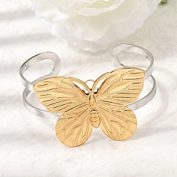 Бабочка Двухцветные 304 браслеты-манжеты из нержавеющей стали для женщин, настоящее золото и нержавеющая сталь, бабочка, внутренний диаметр: 2.50x1.89 дюйм (6.35x4.8 см)