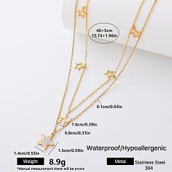 Golden Fashion 304 Stainless Steel Crystal Rhinestone Star Pendant Double Layer Necklaces for Women, Golden, 15.75 inch(40cm)